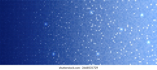 Blaues Pixelraster, das Teilchen glüht, die über digitalen Farbverlauf-Hintergrund verstreut sind. Futuristisches Cyber-Muster für technische Benutzeroberfläche, Datennetzwerk, KI, Technologie-Innovations-Projekt-Design. Vektorgrafik