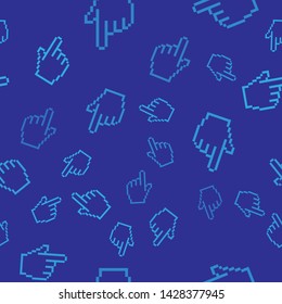 Blue Pixel hand cursor icon isolated seamless pattern on blue background. Pointer hand cursor.  Vector Illustration