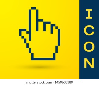 Blue Pixel hand cursor icon isolated on yellow background. Pointer hand cursor.  Vector Illustration