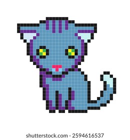 Blue pixel kitten isolated on white background. Vector illustration.