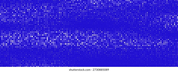 Blue pixel mosaic with glowing digital squares creates abstract tech background. Modern data visualization with cyan light effects and futuristic grid pattern for fintech design.