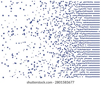 Blue pixel scatter pattern, minimal geometric composition, white background.