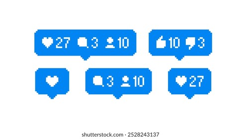 Iconos de notificación de publicación de red social de píxeles azules conjunto de me gusta, no me gusta y seguidores, comentario. Vector de píxeles perfecto aislado en blanco