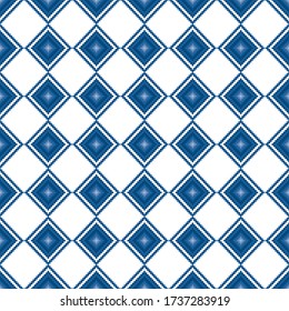 Blue pixel squares and rhombuses isolated on white background. Geometric seamless pattern. Vector graphic illustration. Texture.