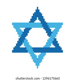 Blue pixel star of David. Vector illustration in pixel art isolated on white background.