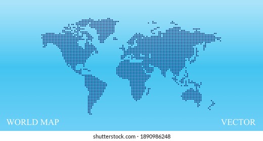 Blue Pixel world map banner. Flat earth globe from Square Mosaic tile. Simplified symbolic dot pattern worldmap template for backgrounb, backdrop. Globe worldwide Travel map in Vector illustration
