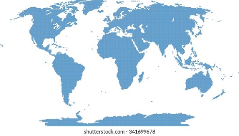 Blue pixel world map on white background, vector illustration.