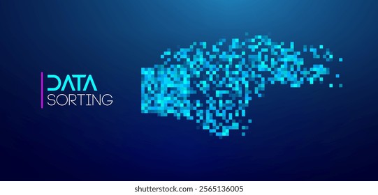 Blue pixelated abstract representation of big data sorting on a dark background.