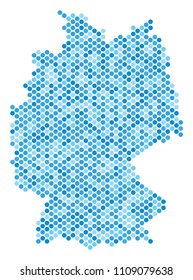 Blue pixelated Germany map. Vector geographic map in cold blue color shades on a white background. Vector mosaic of Germany map composed of sphere blot matrix.