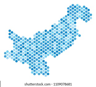 Blue pixelated Pakistan map. Vector geographic map in cold blue color shades on a white background. Vector mosaic of Pakistan map constructed of spheric dot matrix.