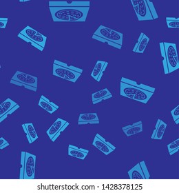 Blue Pizza in cardboard box icon isolated seamless pattern on blue background. Box with layout elements. Vector Illustration