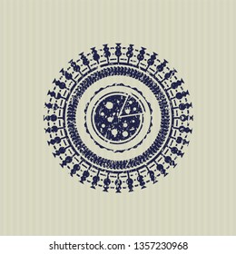 Blue pizza icon inside rubber seal with grunge texture