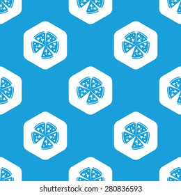 Blue pizza image in white hexagon, repeated on blue