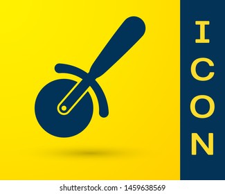 Blue Pizza knife icon isolated on yellow background. Pizza cutter sign. Steel kitchenware equipment. Vector Illustration