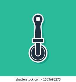 Blue Pizza knife icon isolated on green background. Pizza cutter sign. Steel kitchenware equipment.  Vector Illustration