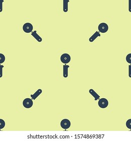 Blue Pizza knife icon isolated seamless pattern on yellow background. Pizza cutter sign. Steel kitchenware equipment.  Vector Illustration