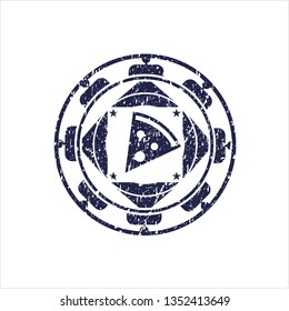Blue pizza slice icon inside distress rubber grunge texture seal