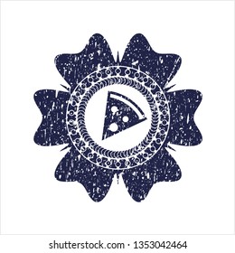 Blue pizza slice icon inside distressed rubber stamp