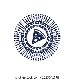 Blue pizza slice icon inside distressed grunge stamp