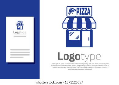 Blue Pizzeria building facade icon isolated on white background. Fast food pizzeria kiosk. Logo design template element. Vector Illustration