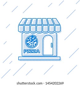 Blue Pizzeria building facade line icon isolated on white background. Fast food pizzeria kiosk. Vector Illustration