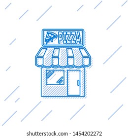 Blue Pizzeria building facade line icon isolated on white background. Fast food pizzeria kiosk. Vector Illustration