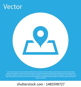 Blue Placeholder on map paper in perspective icon isolated on blue background. White circle button. Vector Illustration