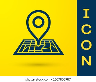 Blue Placeholder on map paper in perspective icon isolated on yellow background.  Vector Illustration