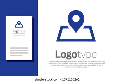 Espaço reservado azul no papel do mapa no ícone de perspectiva isolado no plano de fundo branco. Elemento de modelo de design de logotipo. Ilustração de vetor