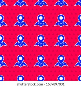 Blue Placeholder on map paper in perspective icon isolated seamless pattern on red background. Vector Illustration