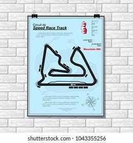 Blue plackard with speed track and text isolated on white brick wall