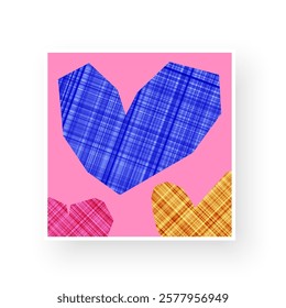 Blue plaid heart with smaller red and orange accents on a vibrant pink background. Vector illustration.