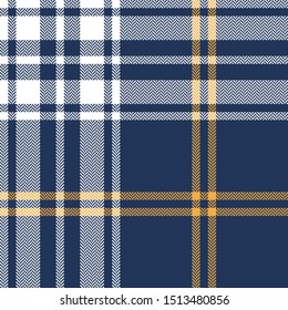 Blue plaid pattern background. Seamless vector tartan check plaid texture in medium blue, yellow, and white for flannel shirt, scarf, blanket, and other modern fabric design.