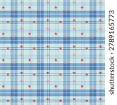 Blue plaid pattern with twill weave and red stars.Tartan check seamless pattern for the Independence Day.Vector illustration geometric background for fabric and paper.