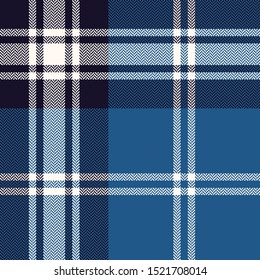 Blue plaid pattern vector graphic. Tartan check plaid in blue and off whtie for herringbone flannel shirt, blanket texture, scarf, throw, duvet cover, upholstery, or other modern fabric design.