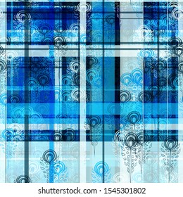 Blue plaid seamless texture with stylized feathers. Abstract vector background for web page, banners backdrop, fabric, home decor, wrapping, boho design