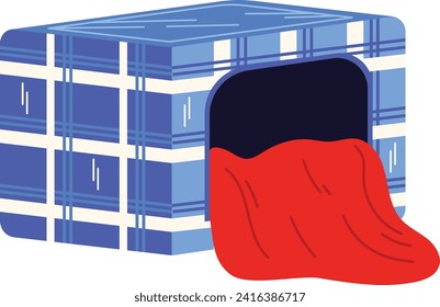 Blue plaid texture cube with open black space and red liquid flowing out. Surreal concept and minimalist art vector illustration.