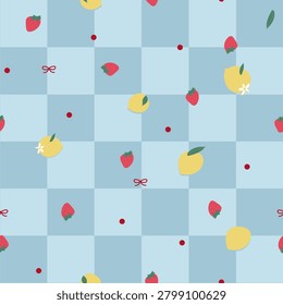Blue plaid vibrant cherries lemons and bows seamless fabric design pattern