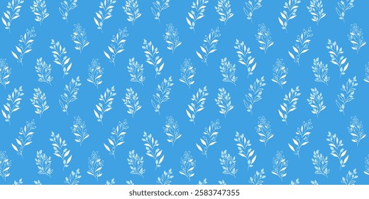 Blue plain pattern with abstract tiny branches, little flowers buds. Creative small floral stems with drops, dots, spots seamless print. Vector hand drawing. Minimalistic ornament for textile, fabric