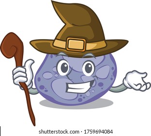 Blue planctomycetes sneaky and tricky witch cartoon character