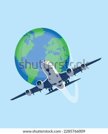 Blue plane flying around the world planet earth