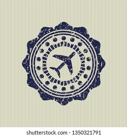 Blue plane icon inside distress rubber grunge texture seal