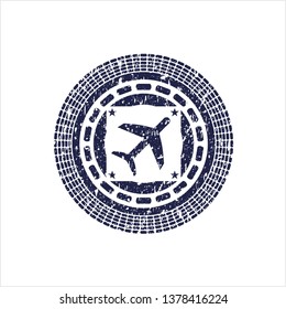 Blue plane icon inside distress grunge seal