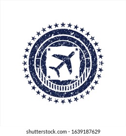 Blue plane icon inside rubber grunge stamp