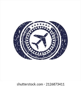 Icono de plano azul dentro del sello de goma con textura de grunge. 