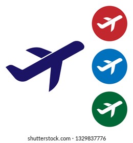 Blue Plane icon isolated on white background. Flying airplane icon. Airliner sign. Set color icon in circle buttons. Vector Illustration