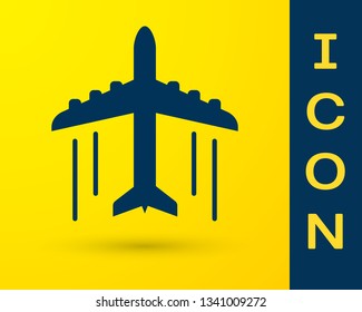 Blue Plane icon isolated on yellow background. Flying airplane icon. Airliner sign. Vector Illustration