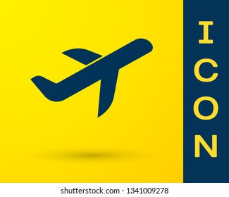 Blue Plane icon isolated on yellow background. Flying airplane icon. Airliner sign. Vector Illustration