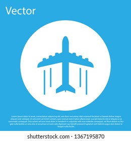 Blue Plane icon isolated on blue background. Flying airplane icon. Airliner sign. White circle button. Flat design. Vector Illustration
