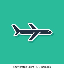 Blue Plane icon isolated on green background. Flying airplane icon. Airliner sign.  Vector Illustration